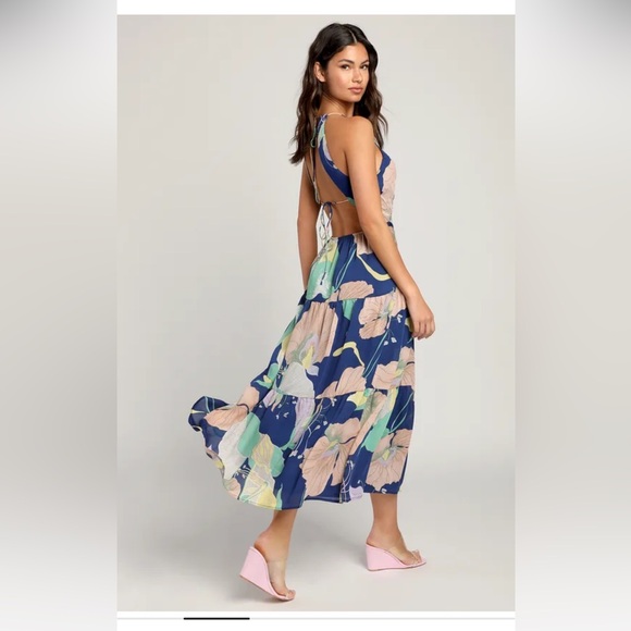 Hours of Flowers Blue Multi Floral Lace-Up Tiered Midi Dress - Picture 3 of 3